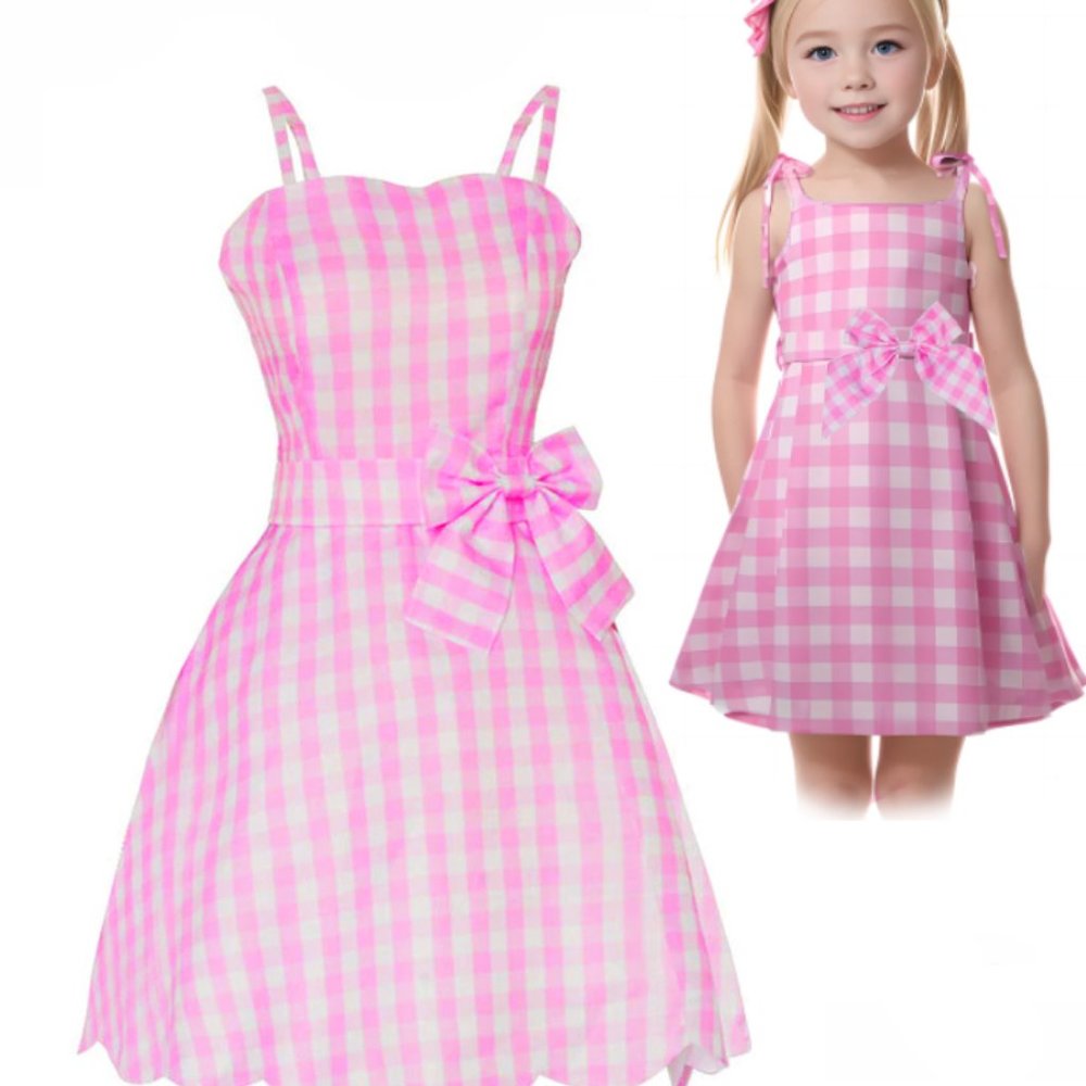 Diona Women Kid Girls  Doll Costume Margot Cosplay Pink and White Gingham (130)